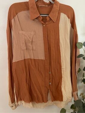 Colorblock Button-Down Shirt - Rust & Cream